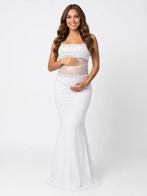 White Rhinestone Maternity Maxi Dress with Sheer Mesh for Baby Shower and Maternity Photoshoot