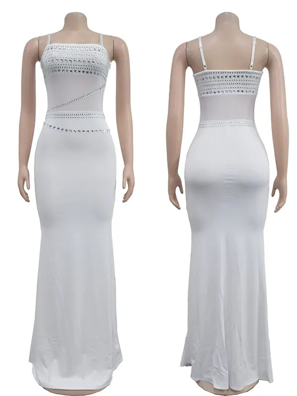White Rhinestone Maternity Maxi Dress with Sheer Mesh for Baby Shower and Maternity Photoshoot