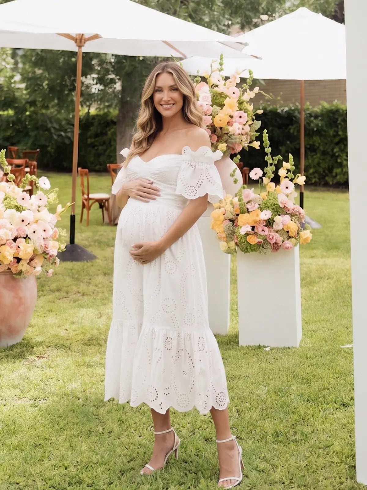 White Eyelet Maternity Dress, Maternity Photoshoot Dress for Baby Shower, Pregnancy Announcement, Bridal Shower and Formal Events | Bumplook