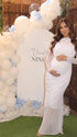 White Maternity Dress, Draped Maternity Dress for Baby Shower, Maternity Photoshoot, Gender Reveal, Pregnancy Announcement, Wedding Guest, Bridal Shower, Formal Events | Bumplook