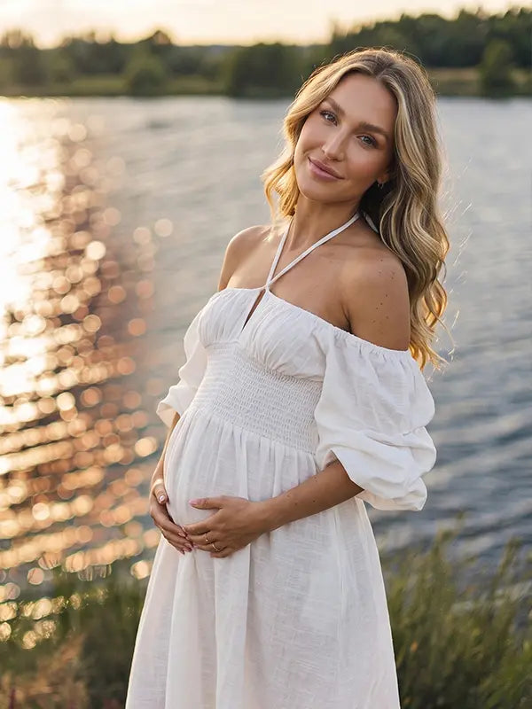 White Boho Maternity Dress for Baby Shower and Outdoor Pregnancy Photos | Bumplook