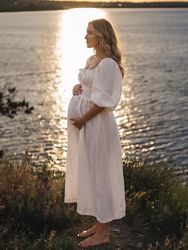 White Beach Maternity Photoshoot Dress with Off Shoulder Puff Sleeves | Bumplook