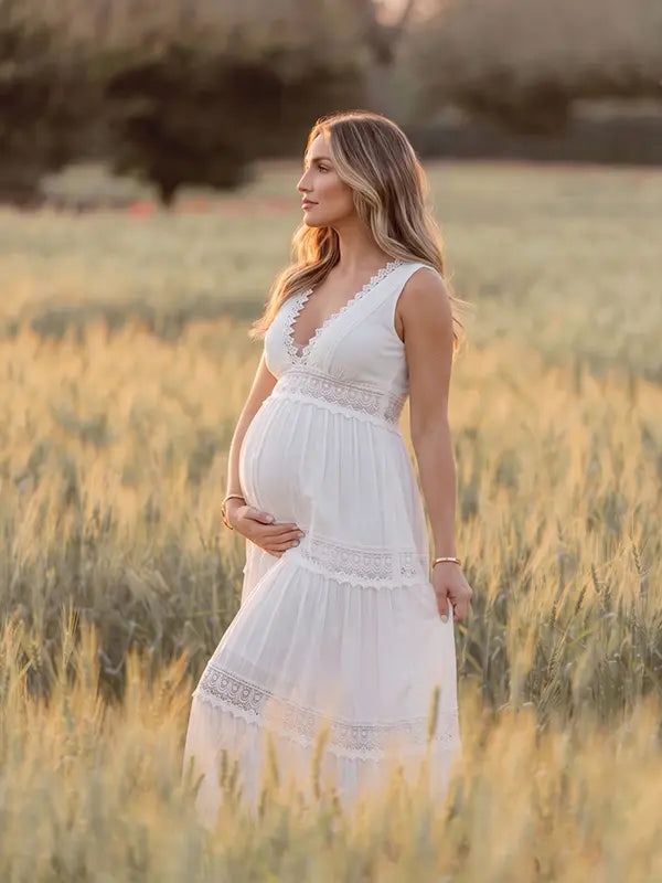 White Tiered Lace Maternity Maxi Dress with Decorative Lace Panels and Bump-Friendly High Waist | Bumplook