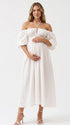 White Boho Maternity Dress with Off Shoulder Neckline and Smocked Waist | Bumplook