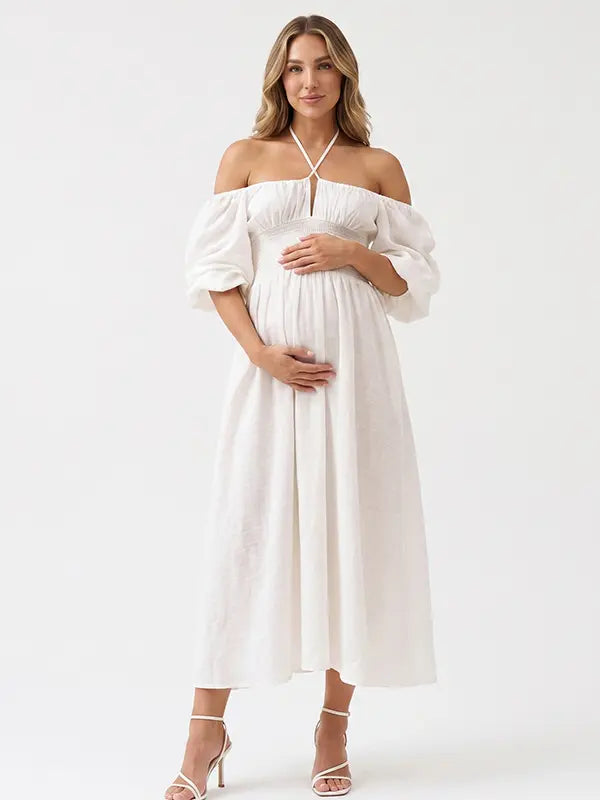White Boho Maternity Dress with Off Shoulder Neckline and Smocked Waist | Bumplook