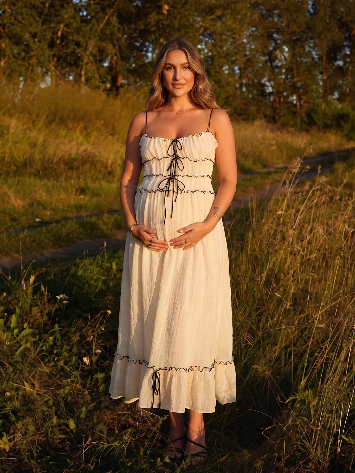 White Smocked Maternity Maxi Dress with Black Ties | Bumplook