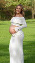 White Textured Maternity Maxi Skirt Set, Off Shoulder Pregnancy Outfit for Baby Shower, Maternity Photoshoot, Gender Reveal, Pregnancy Announcement, Wedding Guest, Bridal Shower, Formal Events | Bumplook