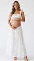 White Boho Maternity Two Piece Set with Lace Crop Top and Maxi Skirt for Outdoor Maternity Photoshoot | Bumplook