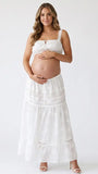 White Boho Maternity Two Piece Set with Lace Crop Top and Maxi Skirt for Outdoor Maternity Photoshoot | Bumplook