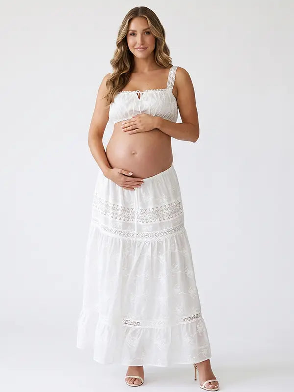 White Boho Maternity Two Piece Set with Lace Crop Top and Maxi Skirt for Outdoor Maternity Photoshoot | Bumplook