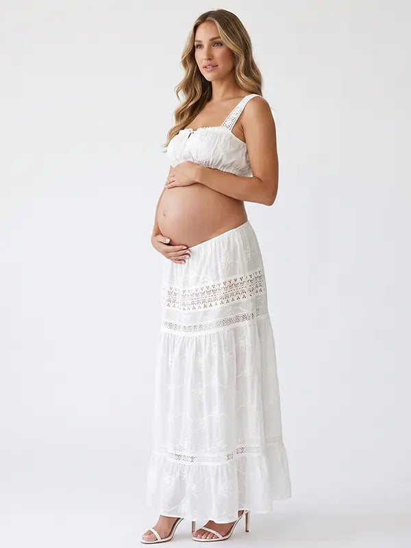 White Maternity Crop Top with Wide Crochet Lace Straps and Front Tie Detail | Bumplook