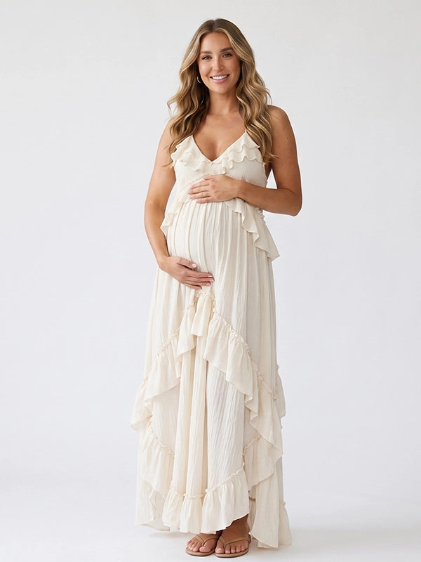 White Open Back Maternity Maxi Dress with Tie Back | Bumplook