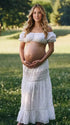 White Maternity Two Piece Set with Crop Top and Maxi Skirt for Outdoor Maternity Photoshoot | Bumplook
