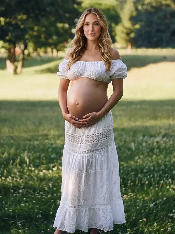 White Maternity Two Piece Set with Crop Top and Maxi Skirt for Outdoor Maternity Photoshoot | Bumplook
