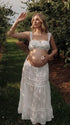 White Embroidered Maternity Maxi Skirt with Crochet Lace Panels and Drawstring Waist | Bumplook