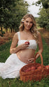 White Maternity Crop Top with Wide Crochet Lace Straps and Front Tie Detail | Bumplook