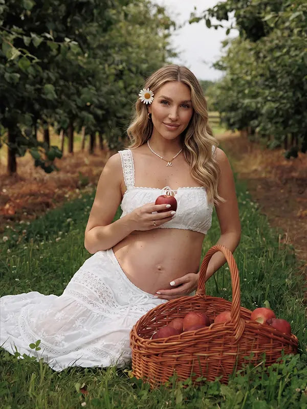 White Maternity Crop Top with Wide Crochet Lace Straps and Front Tie Detail | Bumplook