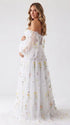 White Floral Maternity Photoshoot Dress with Sweetheart Neckline and Sheer Off Shoulder Sleeves for Baby Shower, Pregnancy Announcement and Garden Maternity Photos | Bumplook