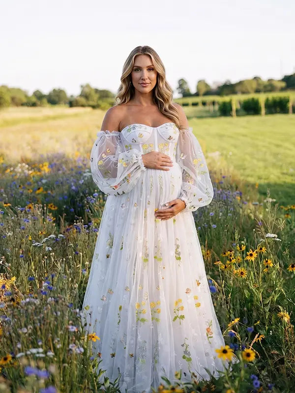 White Floral Embroidered Maternity Dress, Tulle Baby Shower Dress for Maternity Photoshoot, Pregnancy Announcement, Gender Reveal, Bridal Shower and Formal Events | Bumplook