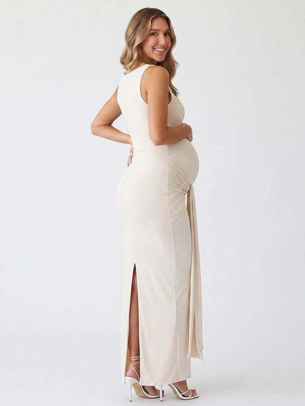 White Square Neck Maternity Dress with Side Ruching | Bumplook