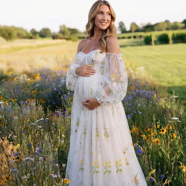 White Floral Embroidered Maternity Dress, Tulle Baby Shower Dress for Maternity Photoshoot, Pregnancy Announcement, Gender Reveal, Bridal Shower and Formal Events | Bumplook