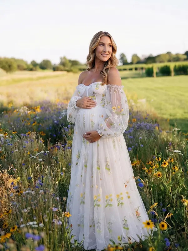 White Floral Embroidered Maternity Dress, Tulle Baby Shower Dress for Maternity Photoshoot, Pregnancy Announcement, Gender Reveal, Bridal Shower and Formal Events | Bumplook