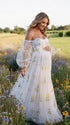 White Floral Embroidered Maternity Dress, Tulle Baby Shower Dress for Maternity Photoshoot, Pregnancy Announcement, Gender Reveal, Bridal Shower and Formal Events | Bumplook