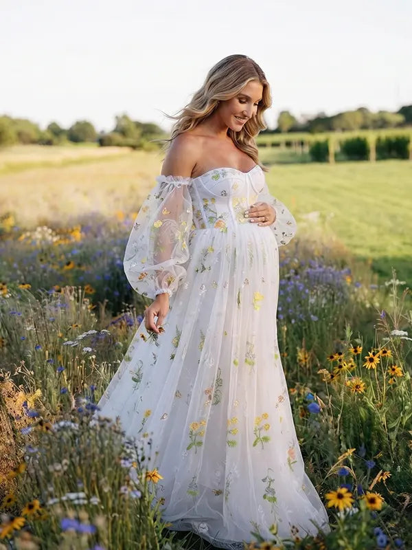 White Floral Embroidered Maternity Dress, Tulle Baby Shower Dress for Maternity Photoshoot, Pregnancy Announcement, Gender Reveal, Bridal Shower and Formal Events | Bumplook