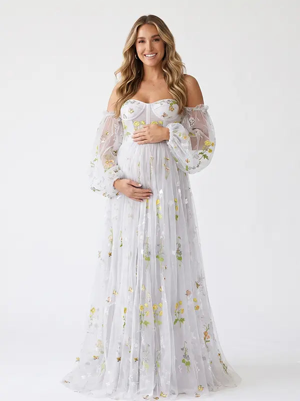 White Floral Embroidered Maternity Dress, Tulle Baby Shower Dress for Maternity Photoshoot, Pregnancy Announcement, Gender Reveal, Bridal Shower and Formal Events | Bumplook
