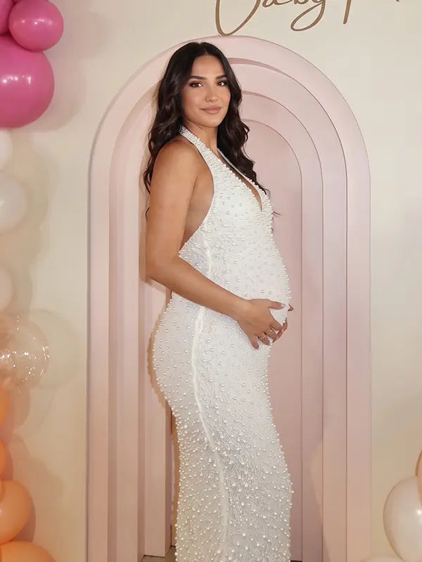 white maternity dress open back stretch bodycon summer baby shower gown