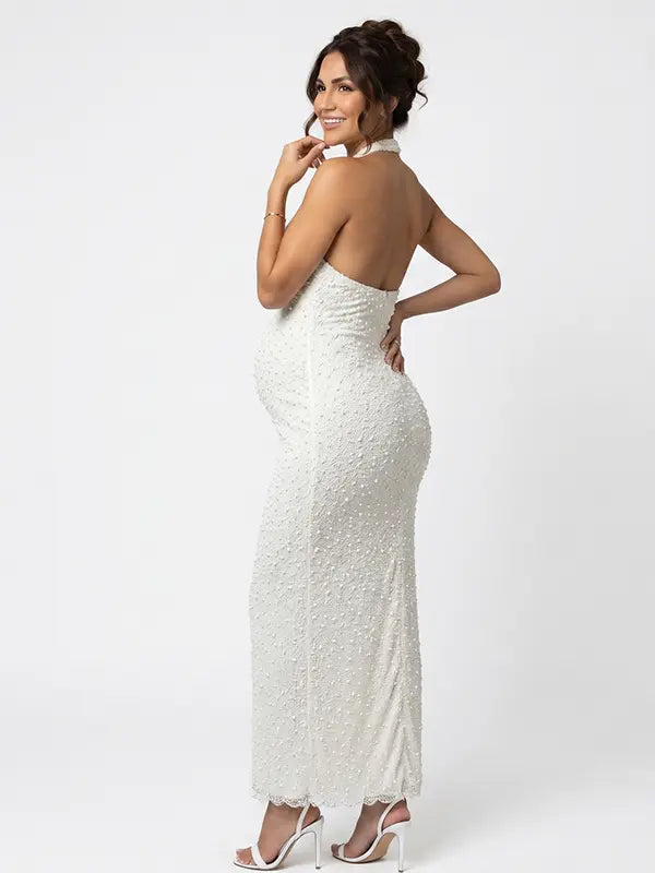 white halter backless maternity maxi dress sleeveless pregnancy photoshoot gown
