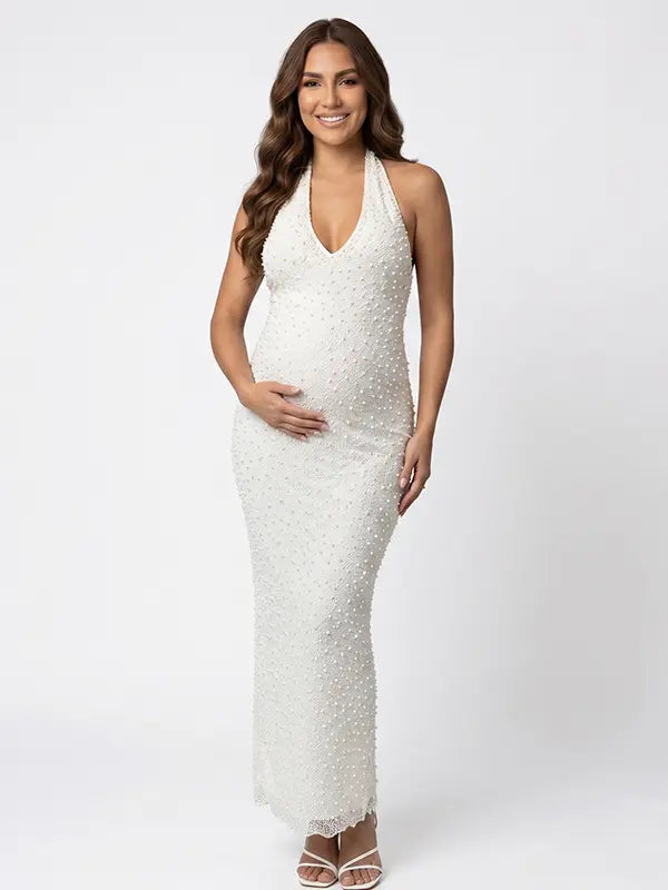 white halter backless maternity maxi dress sleeveless pregnancy photoshoot gown