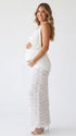 White 3D Rose Maternity Maxi Dress with Draped Cowl Neckline and Ruched Waist | Bumplook