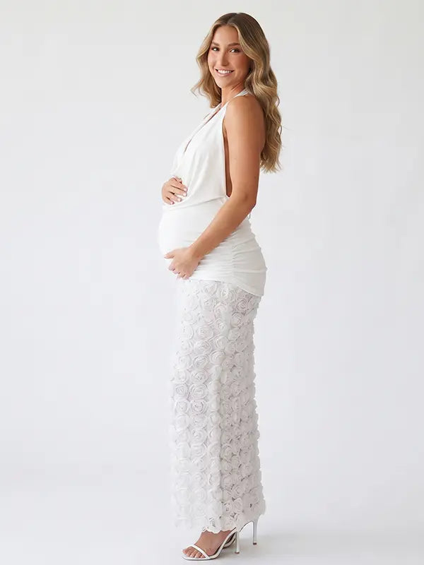 White 3D Rose Maternity Maxi Dress with Draped Cowl Neckline and Ruched Waist | Bumplook