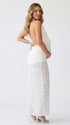 White Open Back Maternity Maxi Dress with Halter Neck, Ruched Waist and 3D Floral Skirt | Bumplook