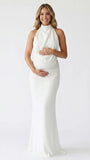white halter maternity gown with open back design and pearl waist detail