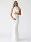 White Halter Maternity Gown – Open Back Pregnancy Dress with Pearl Waist Detail