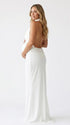 white halter maternity gown with open back design and pearl waist detail
