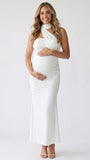 white halter maternity maxi dress with ruched bodycon silhouette and cross neck detail