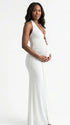 White halter deep V bodycon maternity maxi dress in milk silk fabric