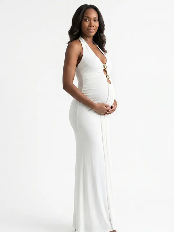 White halter deep V bodycon maternity maxi dress in milk silk fabric