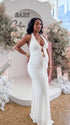 White halter deep V bodycon maternity maxi dress in milk silk fabric