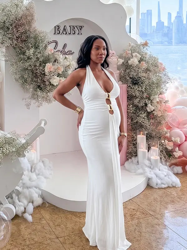 White halter deep V bodycon maternity maxi dress in milk silk fabric