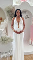 White halter deep V bodycon maternity maxi dress in milk silk fabric