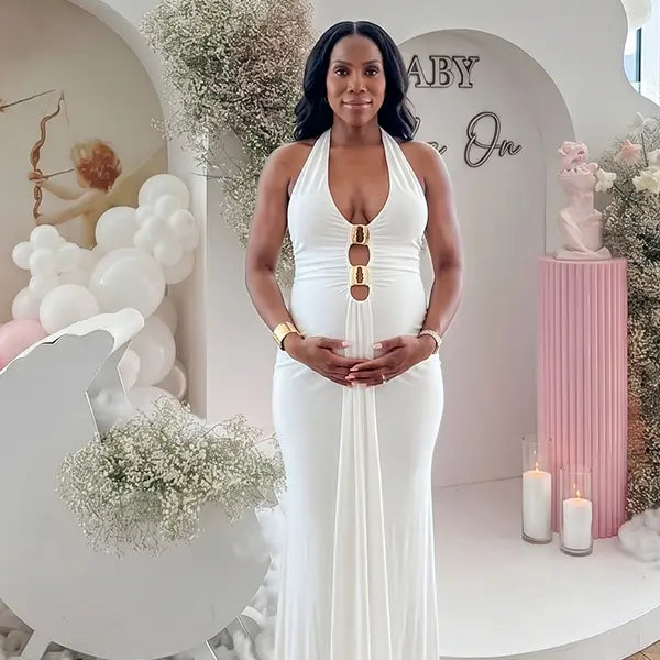 White halter deep V bodycon maternity maxi dress in milk silk fabric