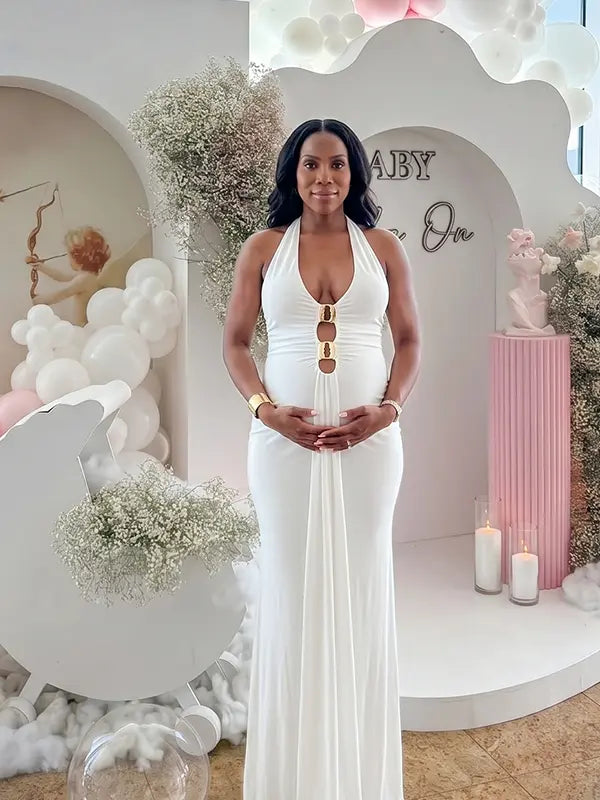 White halter deep V bodycon maternity maxi dress in milk silk fabric