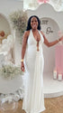 White halter deep V bodycon maternity maxi dress in milk silk fabric