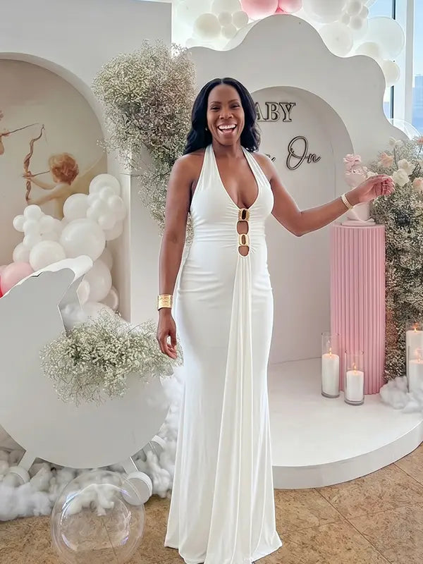 White halter deep V bodycon maternity maxi dress in milk silk fabric