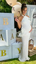 white halter maternity maxi dress with ruffle detail for baby shower outdoor photoshoot