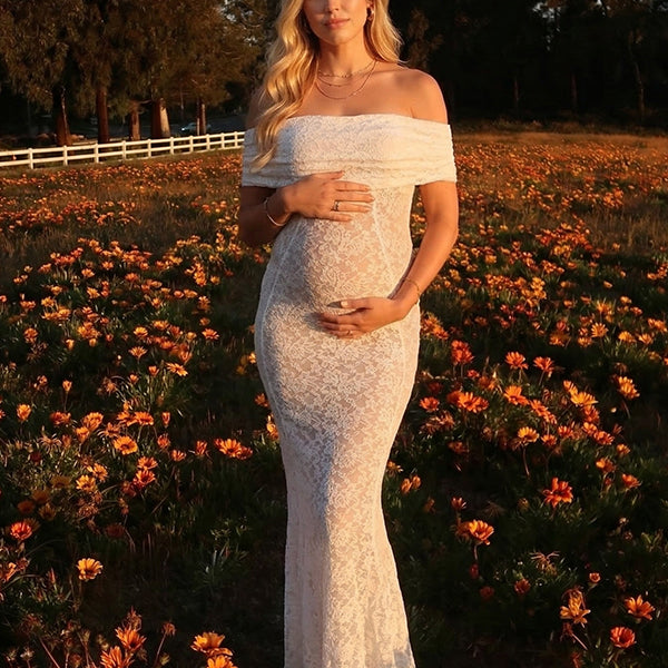 White Floral Lace Off Shoulder Bodycon Maternity Maxi Dress